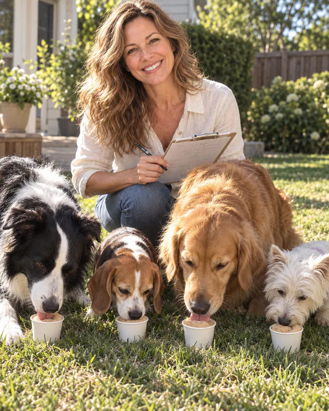 Four dogs taste testing PUPS in a garden