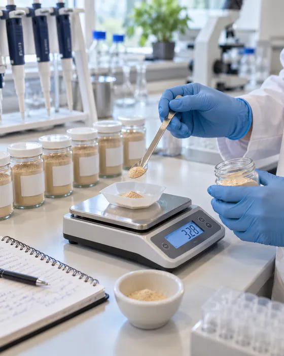 A lab technician weighing a powder sample