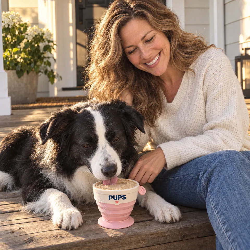 Amanda on the porch while her collie licks a PUPS cup