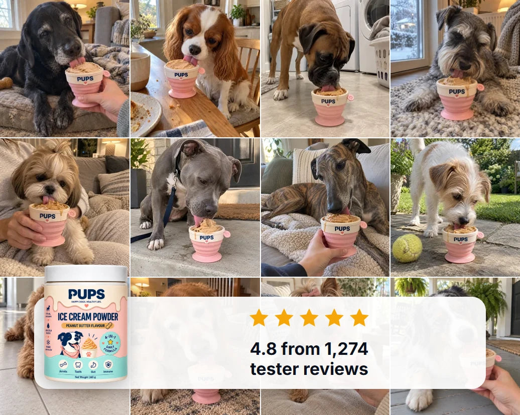Owners and their dogs licking PUPS cups of frozen peanut butter ice cream, with the PUPS tub and 4.8 from 1,274 tester reviews