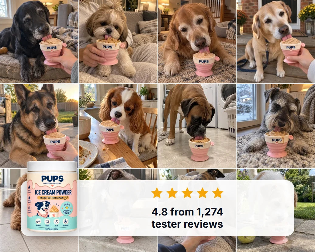 Owners and their dogs licking PUPS cups of frozen peanut butter ice cream, with the PUPS tub and 4.8 from 1,274 tester reviews