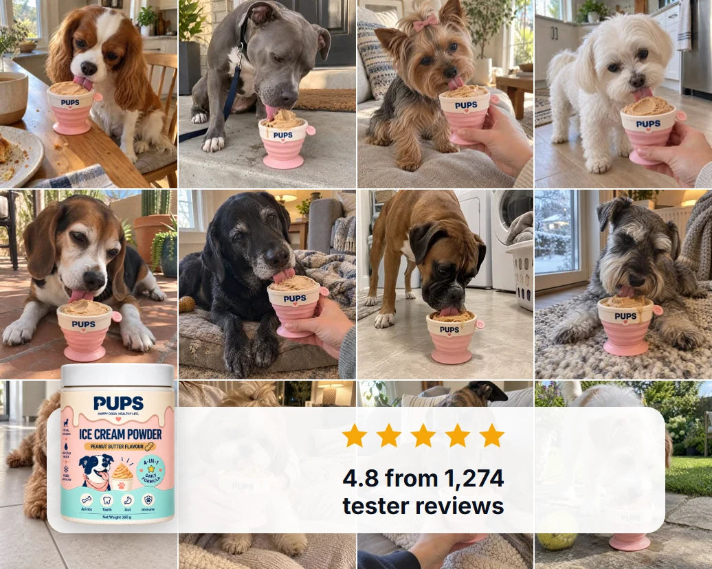 Owners and their dogs licking PUPS cups of frozen peanut butter ice cream, with the PUPS tub and 4.8 from 1,274 tester reviews