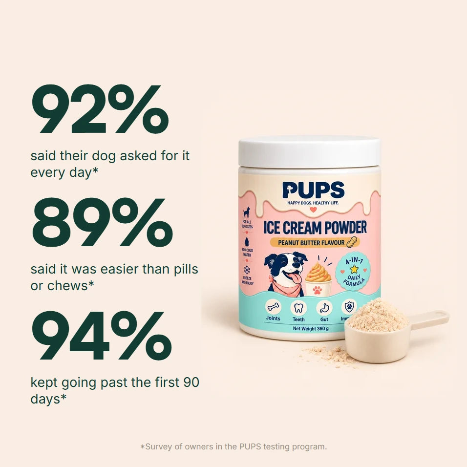 92% said their dog asked for it every day, 89% said it was easier than pills or chews, 94% kept going past the first 90 days, beside the PUPS Ice Cream Powder tub. Survey of owners in the PUPS testing program.