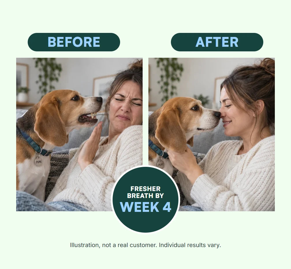 Before and after illustration: a woman turning away from her beagle’s breath on the sofa, then nose to nose with him, with a badge reading FRESHER BREATH BY WEEK 4. Illustration, not a real customer. Individual results vary.