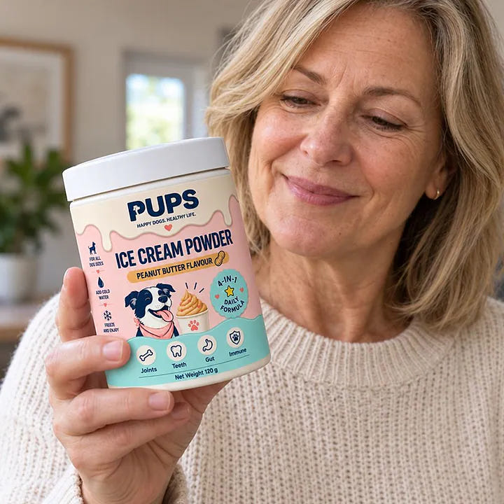 A dog parent holding a tub of PUPS Ice Cream Powder