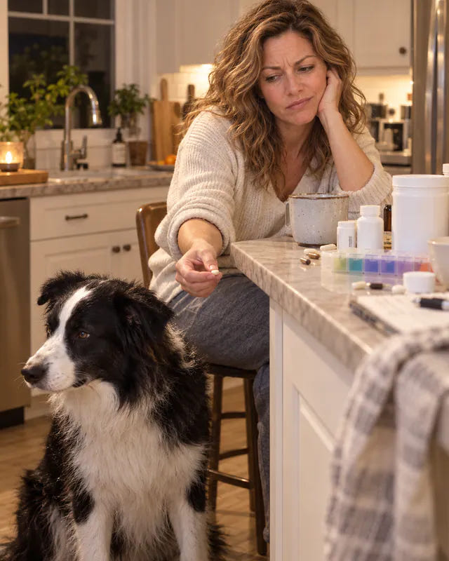 Amanda offering her collie a pill he refuses