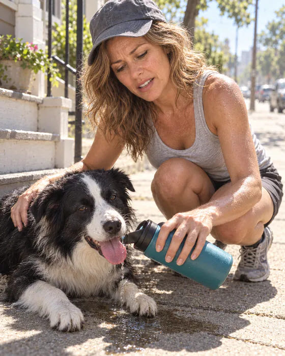 Amanda giving her panting collie water on a hot walk