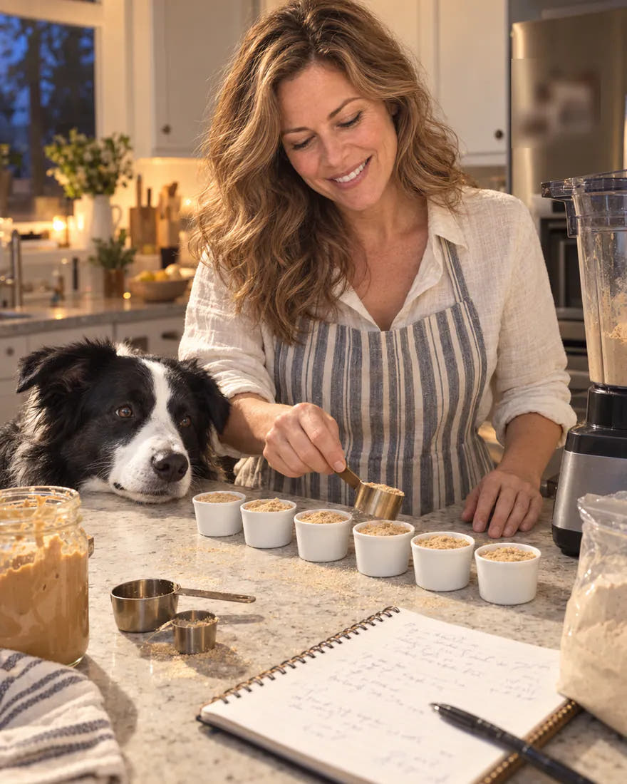 Amanda measuring recipe tests in her kitchen