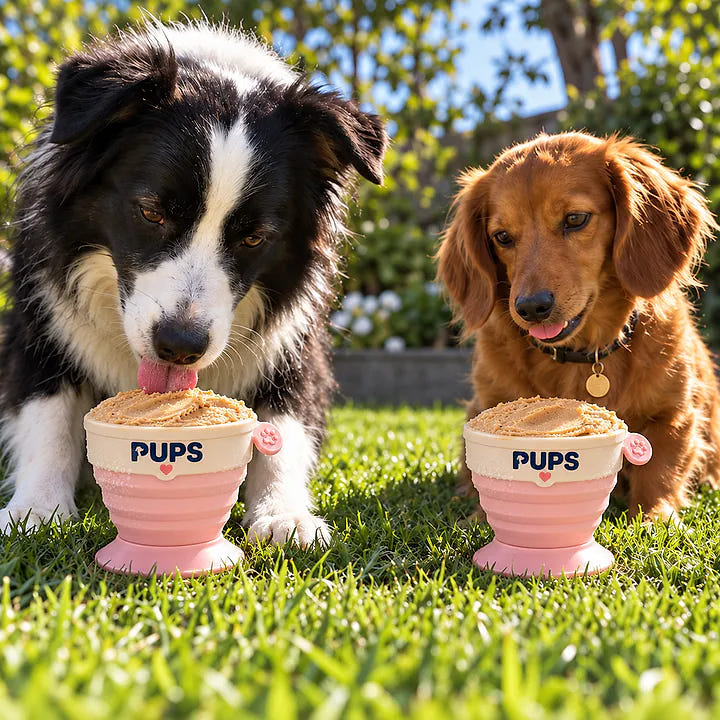 Two dogs licking PUPS cups on the lawn