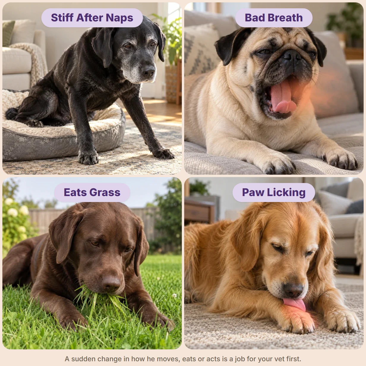 Four dogs, four signs: Stiff After Naps, Bad Breath, Eats Grass, Paw Licking