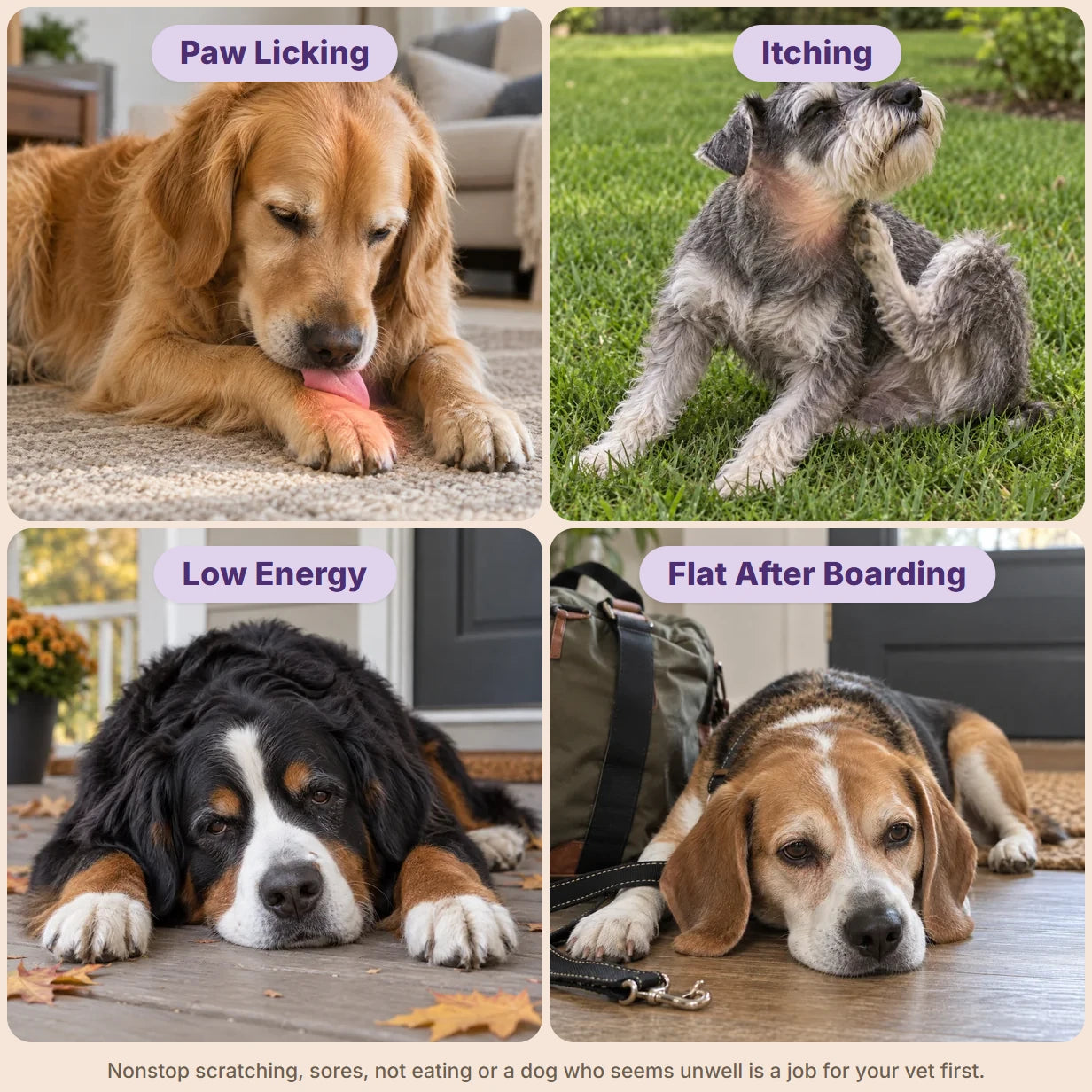 Four dogs in a tough season: Paw Licking, Itching, Low Energy, Flat After Boarding