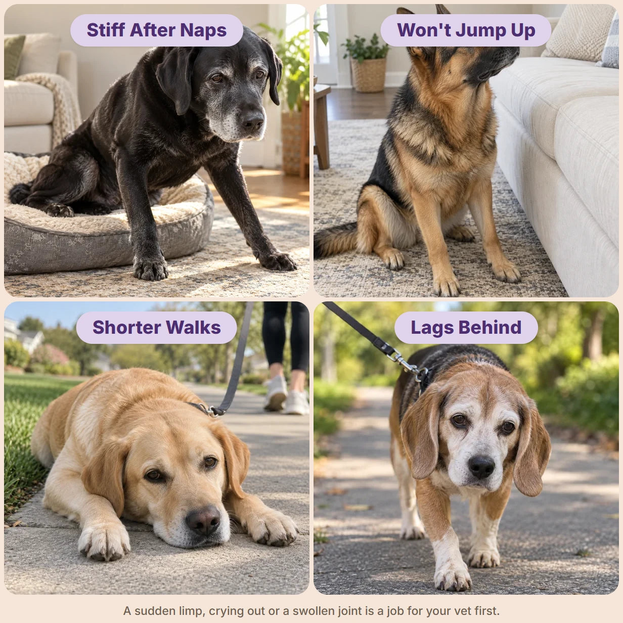 Four dogs showing joint signs: Stiff After Naps, Won't Jump Up, Shorter Walks, Lags Behind