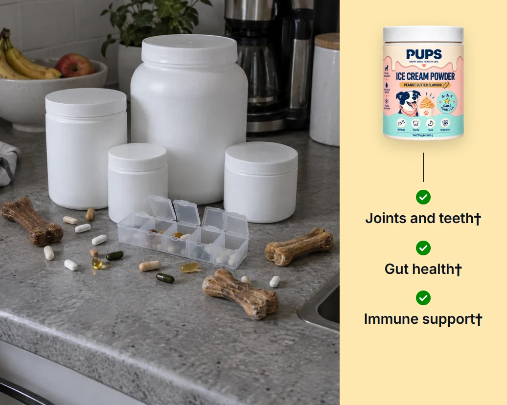 A kitchen counter crowded with supplement tubs and pills, beside the PUPS tub with three ticks: joints and teeth, gut health, immune support
