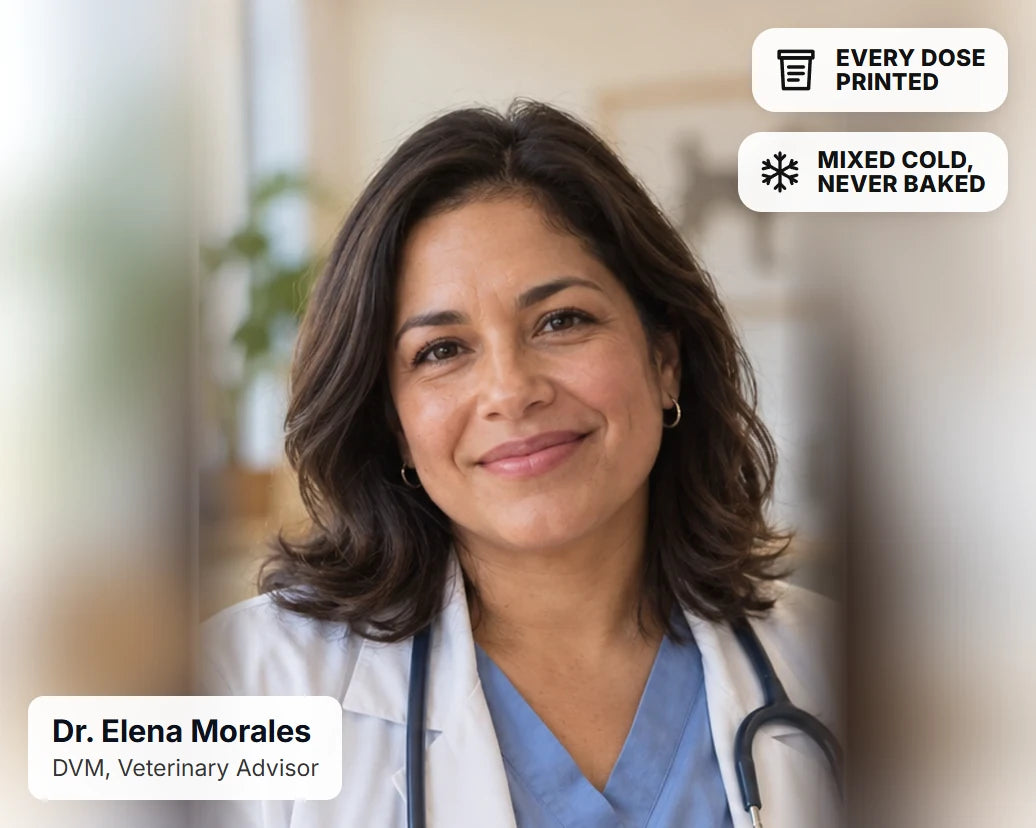 Dr. Elena Morales, DVM, Veterinary Advisor, with two badges: EVERY DOSE PRINTED and MIXED COLD, NEVER BAKED