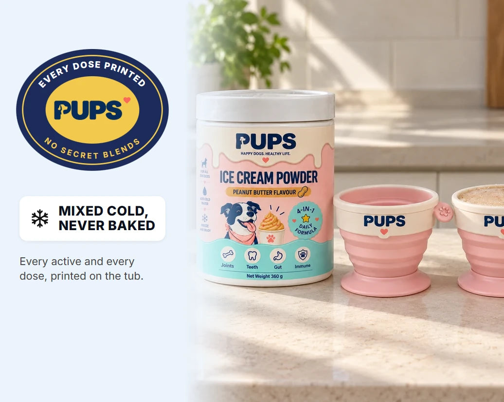 A navy and gold seal reading EVERY DOSE PRINTED and NO SECRET BLENDS around the PUPS logo, a MIXED COLD, NEVER BAKED badge, and the PUPS Ice Cream Powder tub beside two PUPS cups