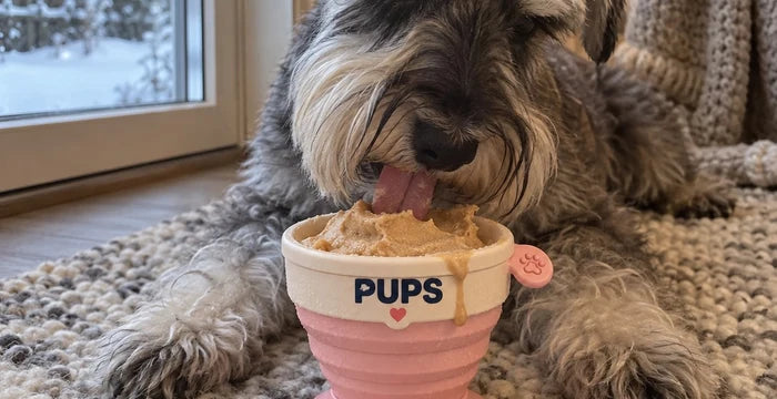 Pepper, a schnauzer, licking her PUPS cup
