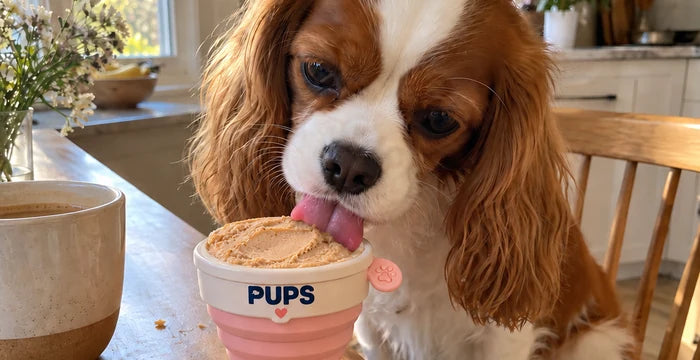 Rosie, a cavalier, licking her PUPS cup
