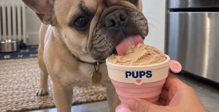 Lola, a French bulldog, with her PUPS cup in the kitchen