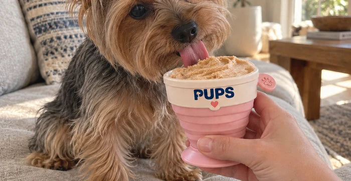 Coco, a Yorkshire terrier, with her PUPS cup on the sofa