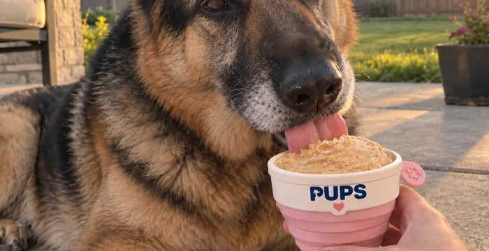 Tucker, a German shepherd, with his PUPS cup on the patio