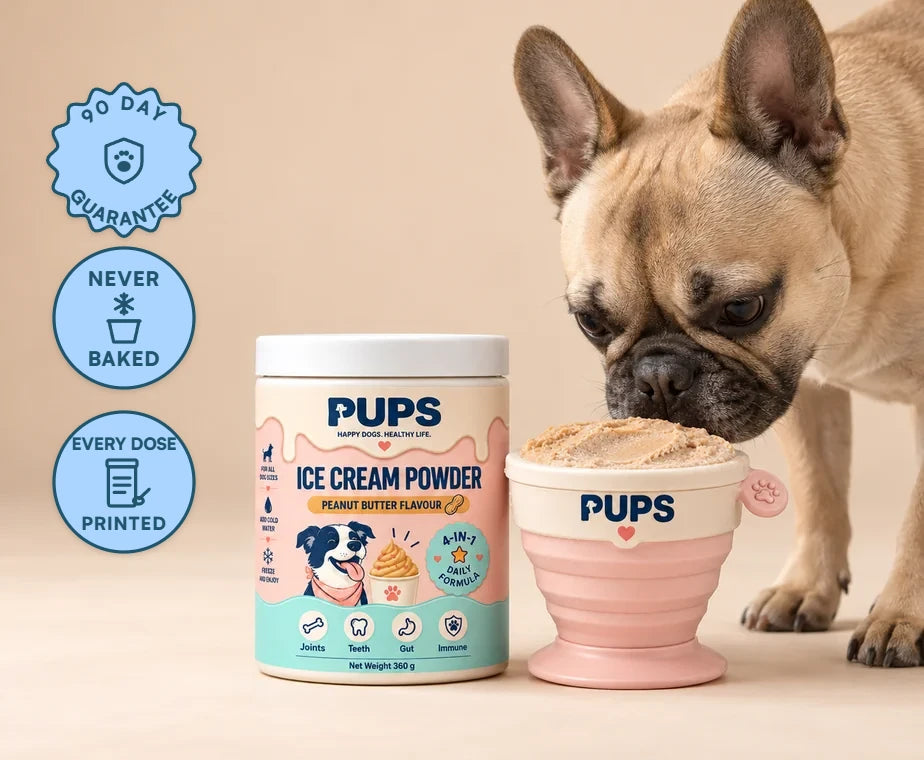 A fawn French bulldog sniffing a PUPS cup of frozen peanut butter ice cream beside the PUPS Ice Cream Powder tub on a warm beige backdrop, with three badges down the left edge: 90 DAY GUARANTEE, NEVER BAKED and EVERY DOSE PRINTED