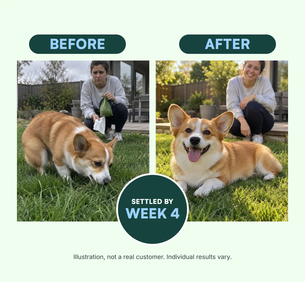 Before and after illustration: a corgi sniffing the grass while his owner holds a poop bag, then lying happily on the lawn, with a badge reading SETTLED BY WEEK 4. Illustration, not a real customer. Individual results vary.