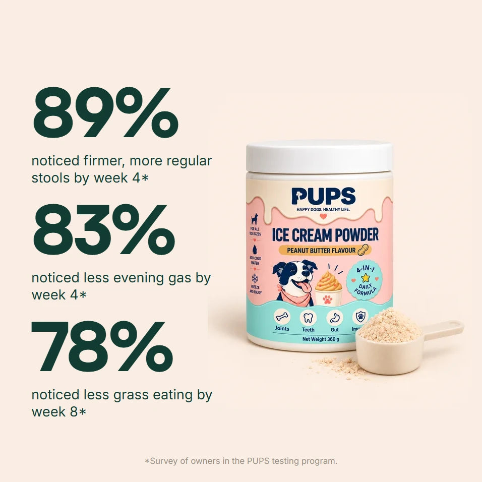 89% noticed firmer, more regular stools by week 4, 83% noticed less evening gas by week 4, 78% noticed less grass eating by week 8, beside the PUPS Ice Cream Powder tub. Survey of owners in the PUPS testing program.