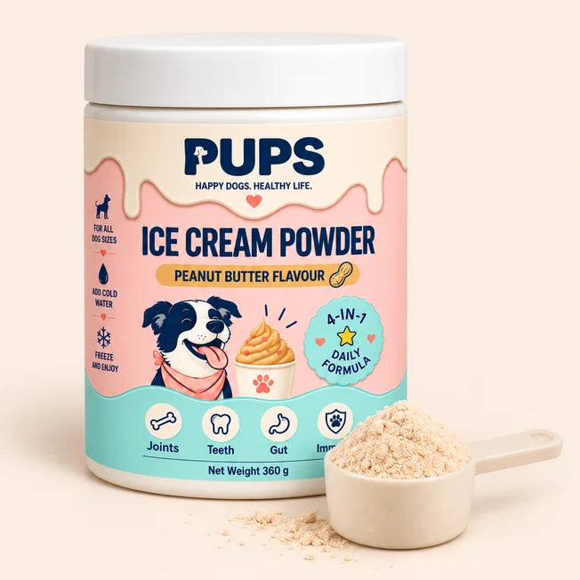 The PUPS Ice Cream Powder 360 g tub beside a scoop of the powder, with a little powder spilled on a cream surface