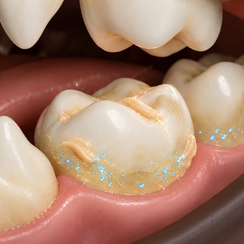 3D illustration of a dog’s back tooth at the gum line with frosty peanut butter ice cream traces and mineral sparkles settling over the soft plaque film